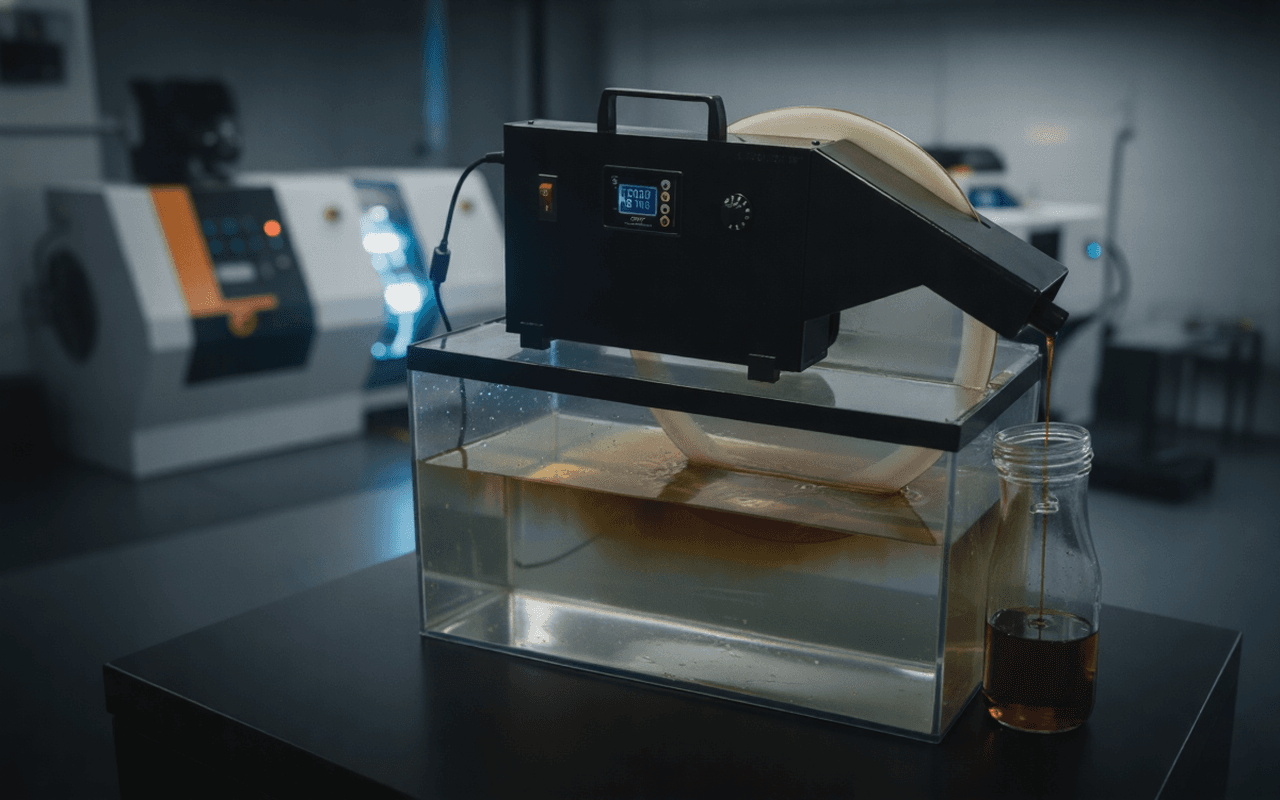 Skimmer HR-300 em operação demonstrando remoção de óleo em ambiente industrial